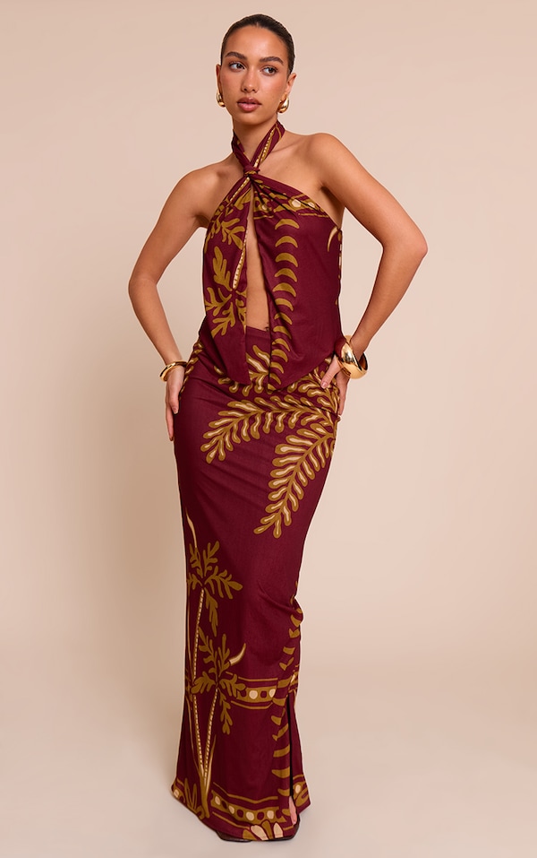  Rust Palm Print Chiffon Maxi Skirt