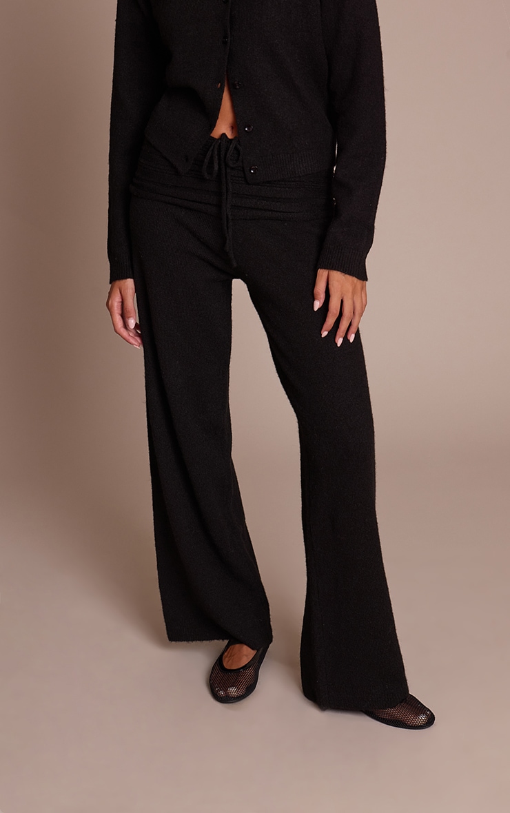 Pantalon en maille tricot douce côtelée noire à taille repliée image 2