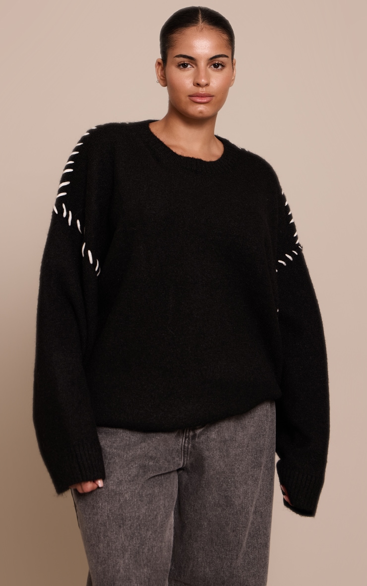 Plus Black Blanket Stitch Knit Jumper image 4