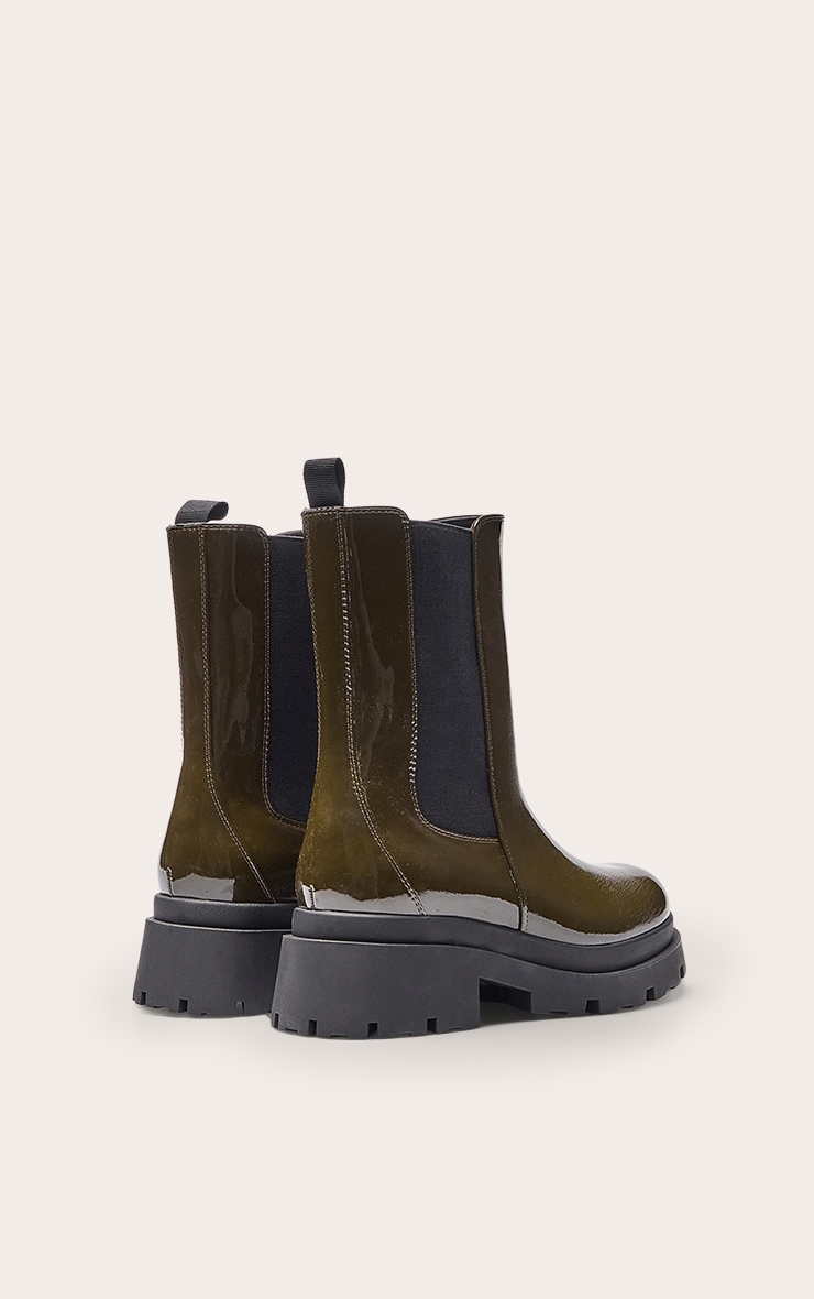 Khaki Patent Chunky Sole Chelsea Boots image 4