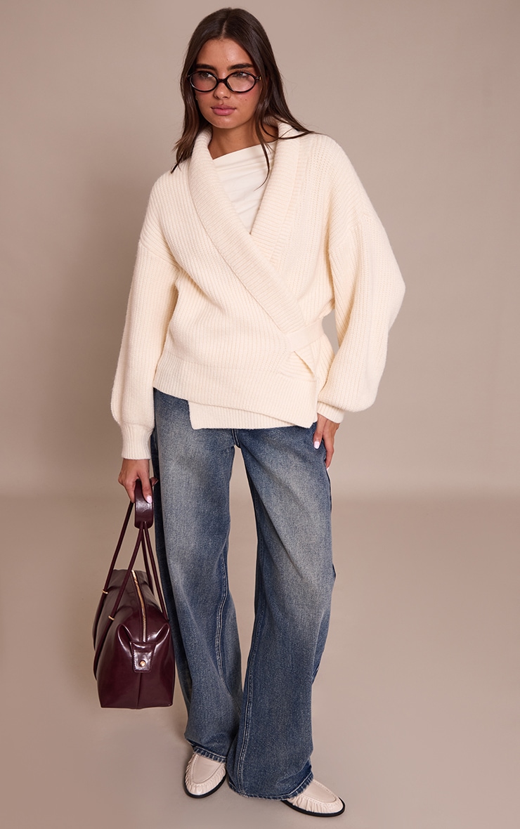 Cream Chunky Knit Rib Wrap Cardigan image 3