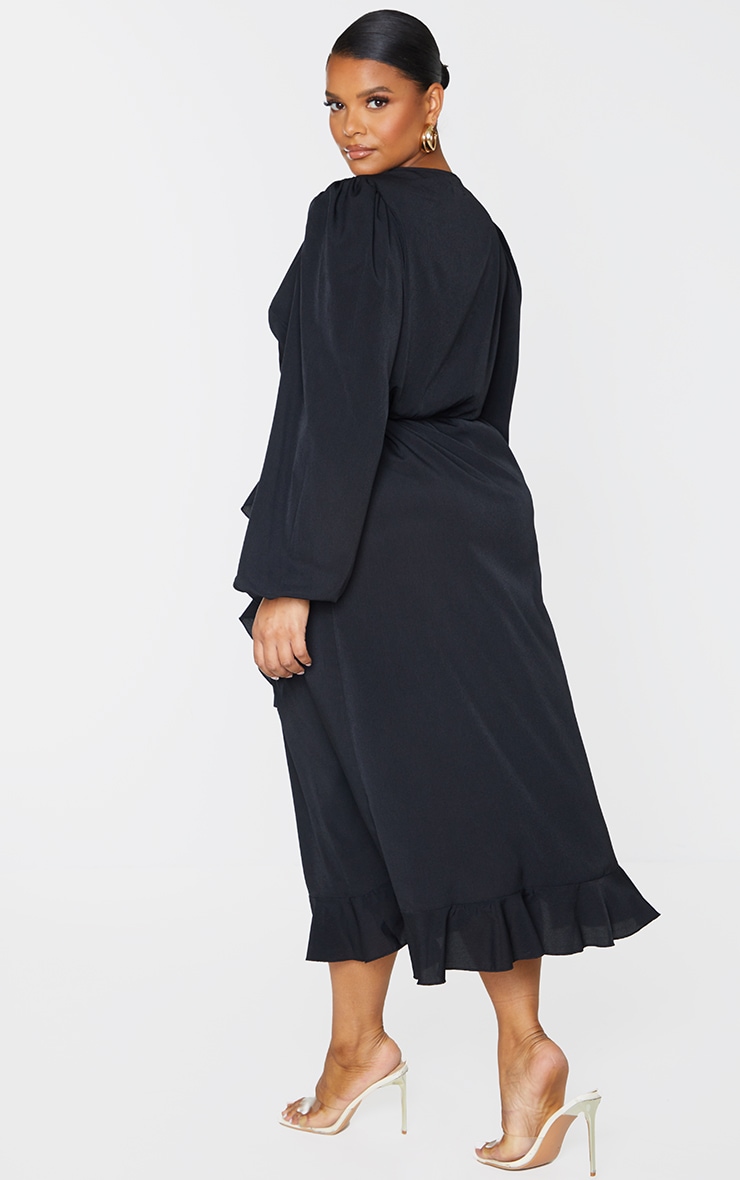Plus Black Ruffle Wrap Front Midi Dress image 3