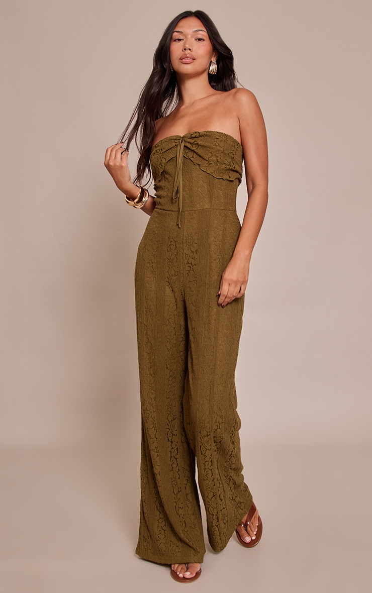 Khaki Lace Fold Over Straight Leg Jumpsuit image 3