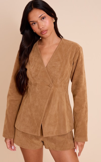 Blazer structuré en suédine marron clair à taille cintrée