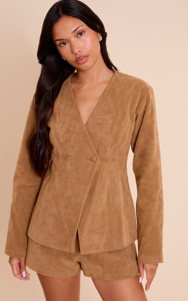Tan Structured Faux Suede Cinched Waist Blazer