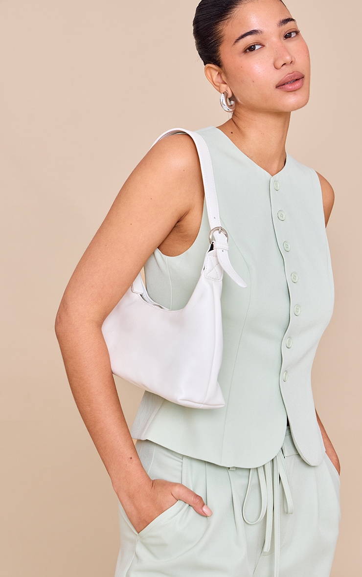 Off White Pu Elongated Curved Shoulder Bag image 5
