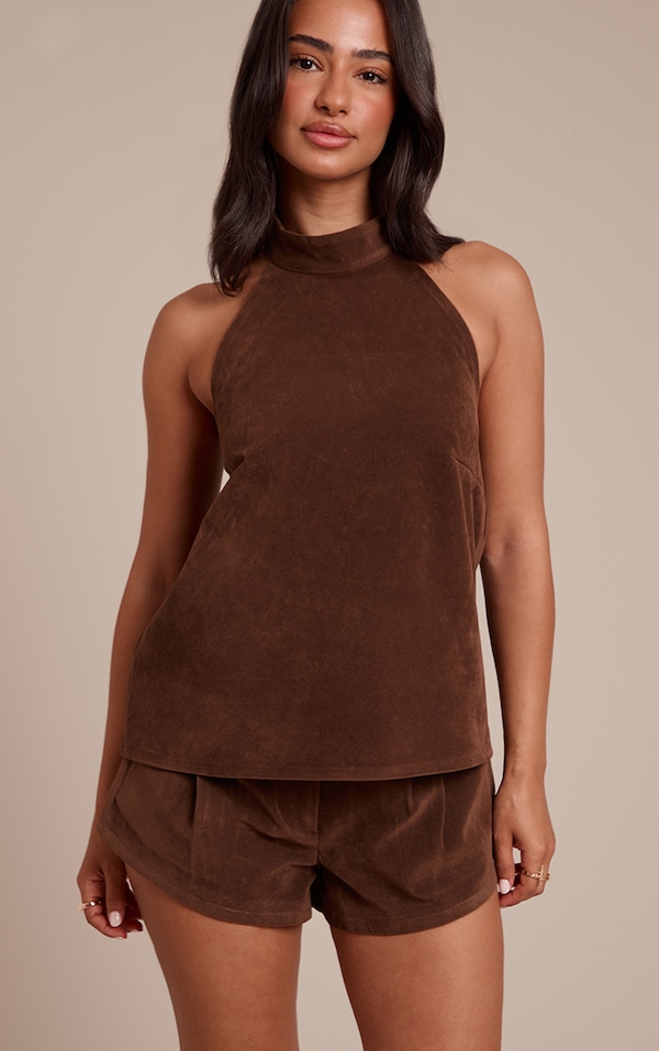 Petite Chocolate Suede Belted Mini Shorts