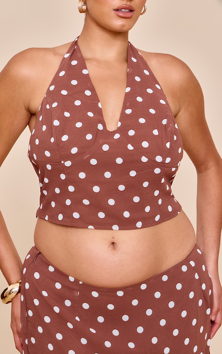 Plus Chocolate Polka Dot Halterneck Chiffon Top image 4