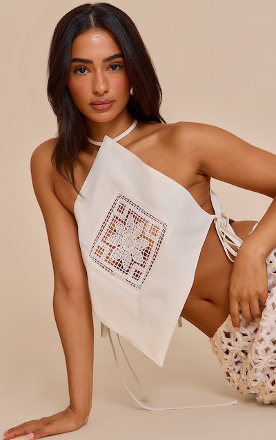 Petite Cream Halterneck Applique Detail Top