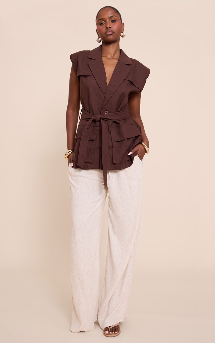 Chocolate Utility Style Linen Look Tie Waist Vest image 3