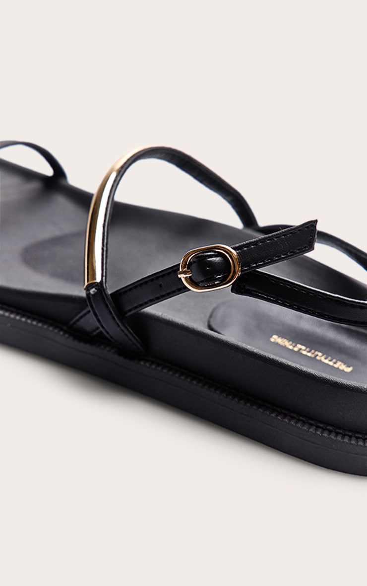 Black Pu Round Toe Gold Strap Footbed Sandals image 5