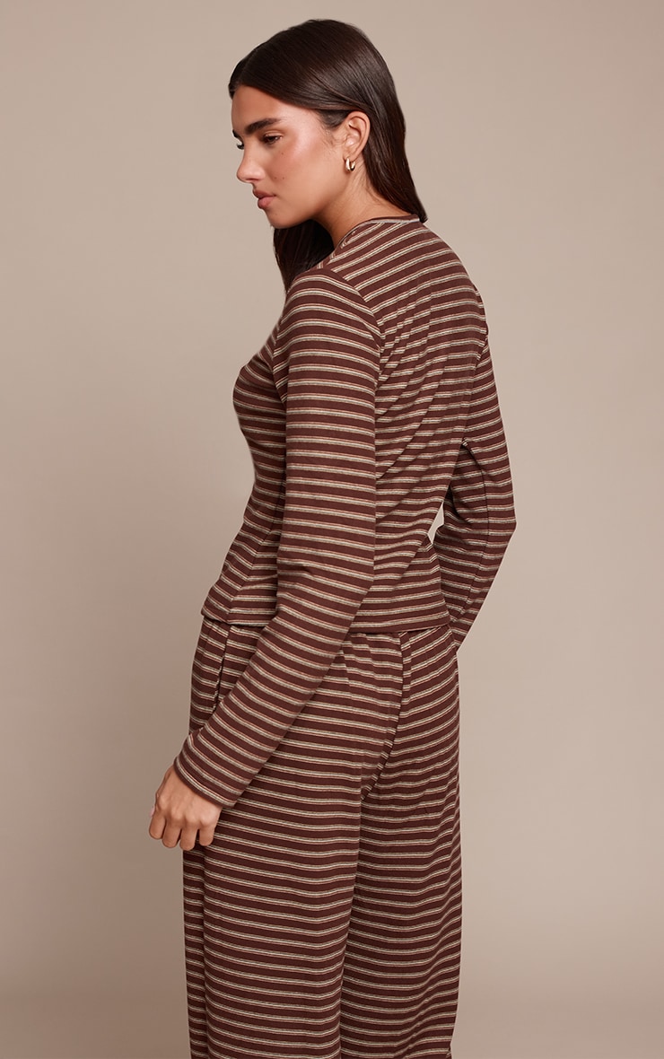 Dark Brown Soft Fleece Striped Button Up Top image 2
