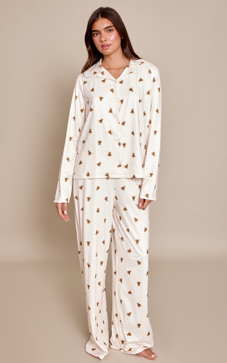 Cream Teddy Bear Print Long Sleeve Button Through Pj Set image 1