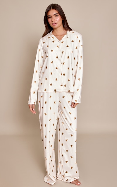 Cream Teddy Bear Print Long Sleeve Button Through Pj Set