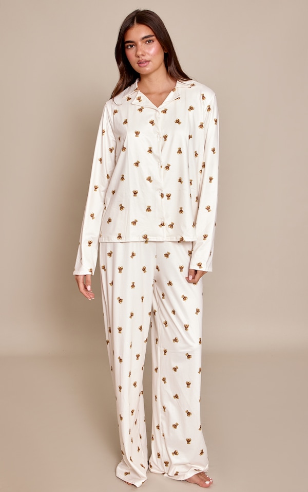 Cream Teddy Bear Print Long Sleeve Button Through Pj Set