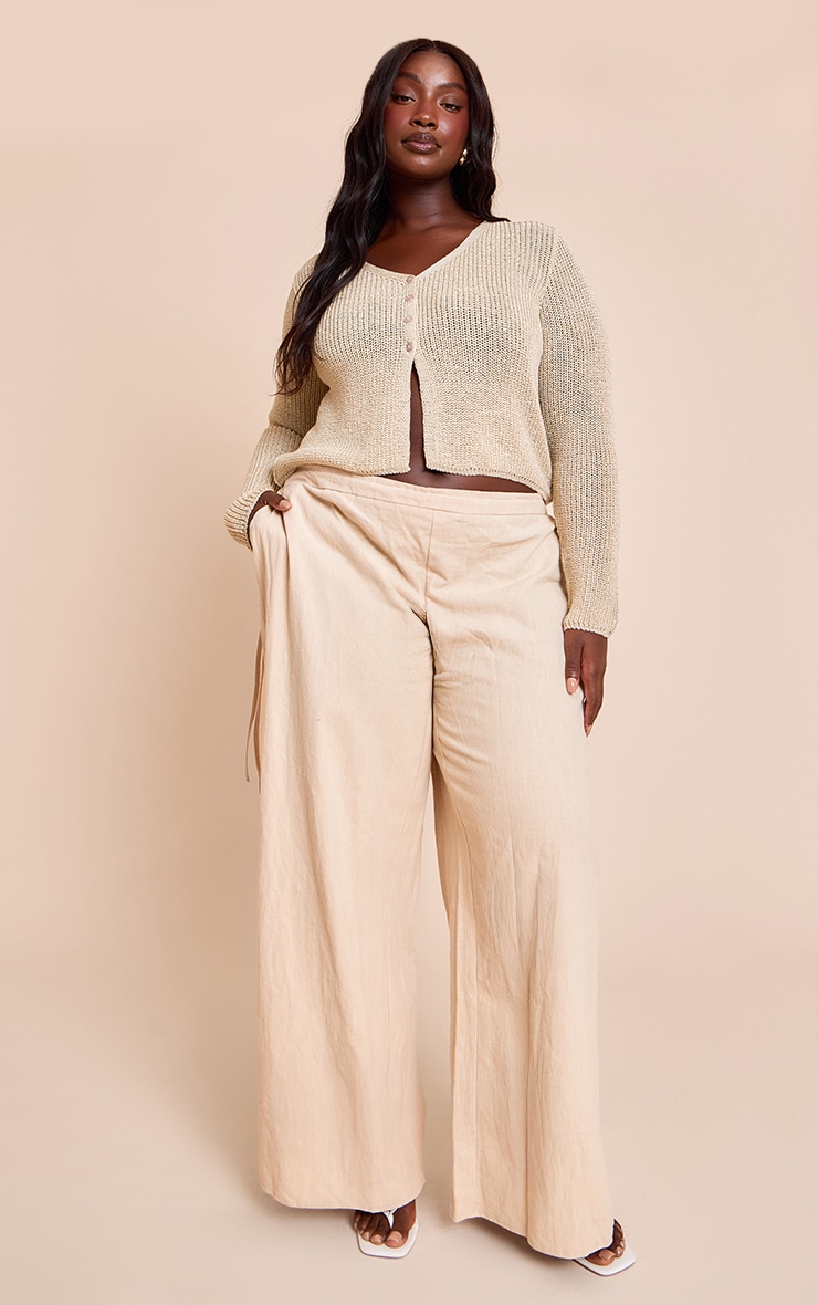 Plus Natural Premium Linen Side Tie Detail Wide Leg Pants image 1