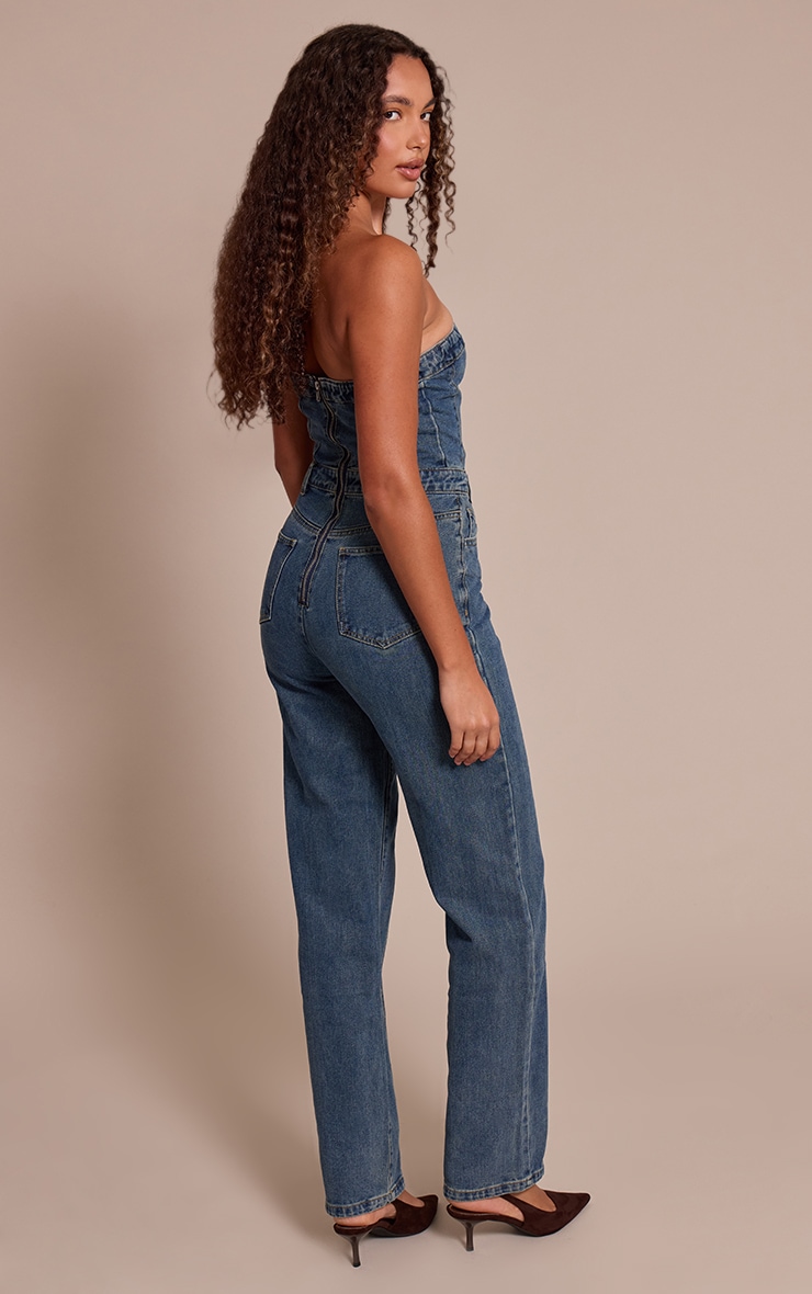 Tall Indigo Vintage Wash Bandeau Style Straight Leg Denim Jumpsuit image 2