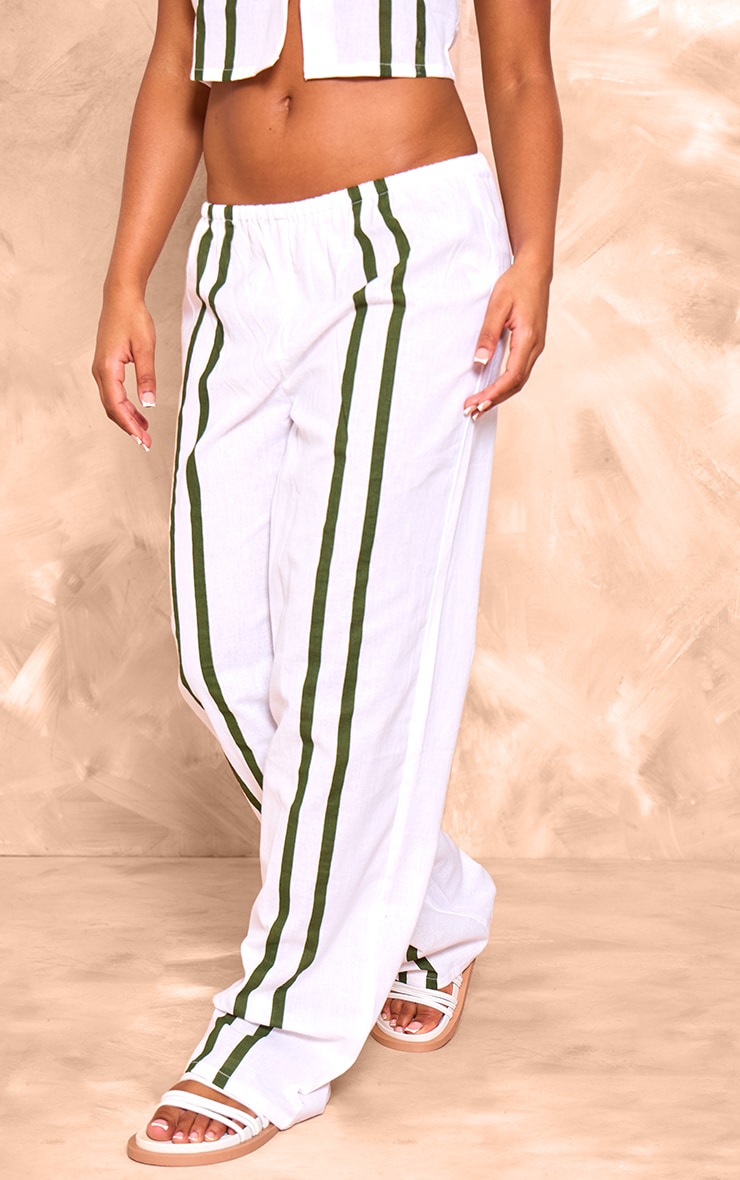 Cream Striped Linen Look Wide Leg Pants image 2