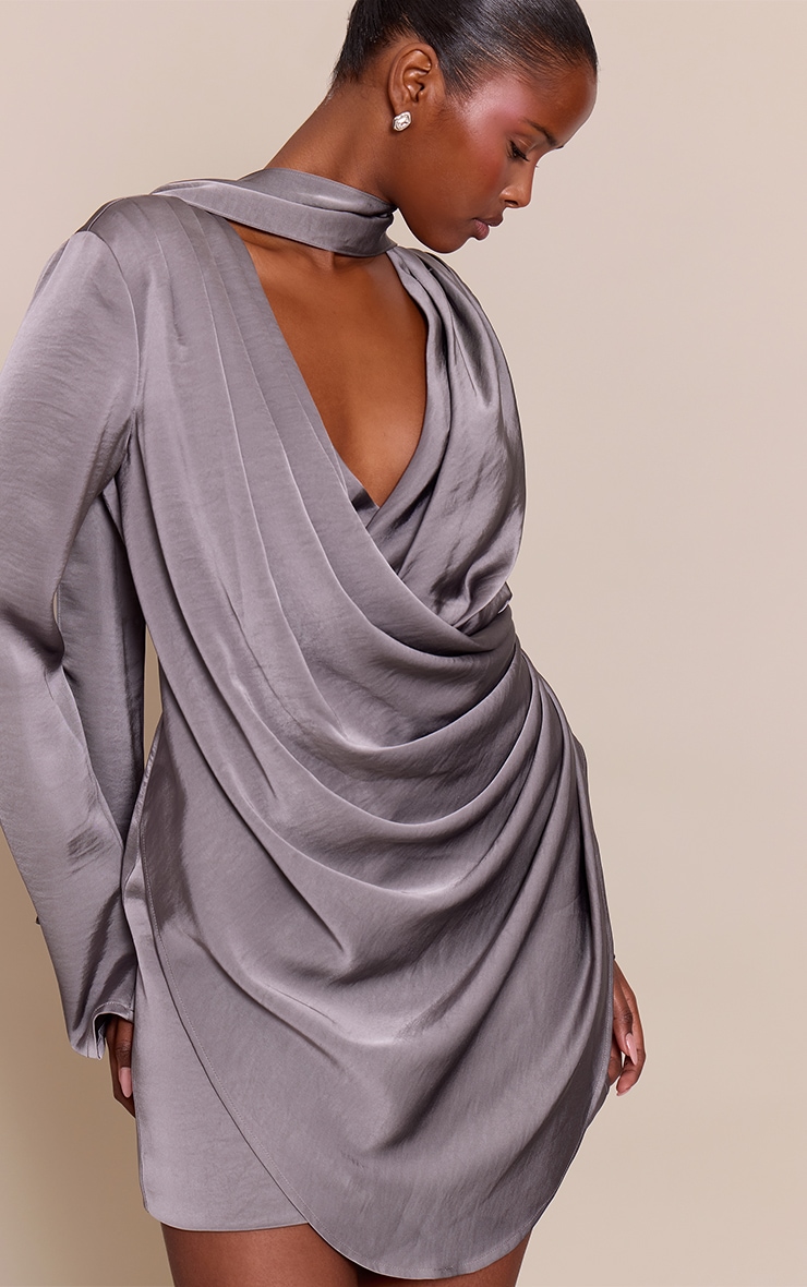 Charcoal Draped Satin Shirt Dress image 4