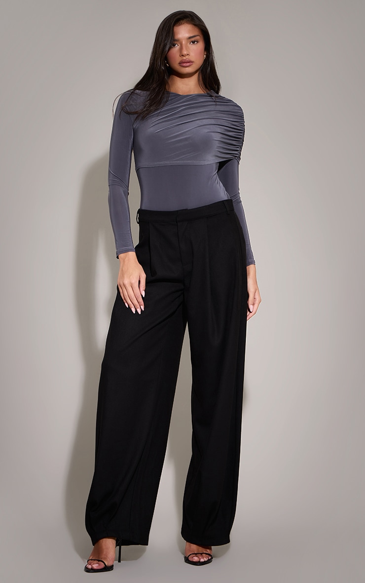 Charcoal Double Layer Slinky Cape Detail Long Sleeve Bodysuit image 3