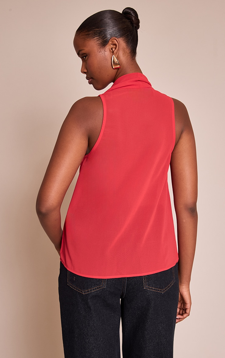 Tomato Red Chiffon Extreme Cowl Neck Detail Long Top image 2