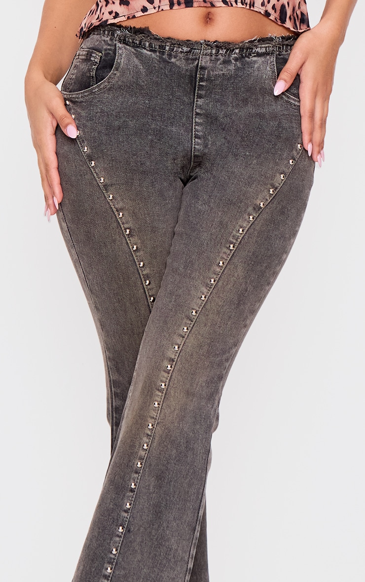 Petite Washed Black Stud Detail Denim Flared Jeans image 4