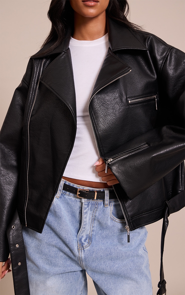 Tall Black Faux Leather Oversized Biker Jacket image 4