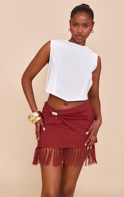 Rust Linen Gold Trim Tassle Hem Mini Skirt
