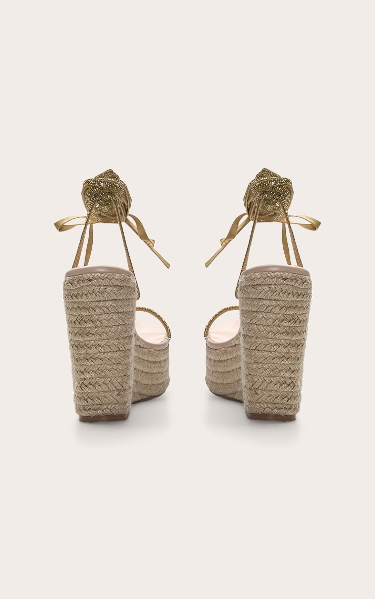 Gold Pu Round Toe Diamante Strappy Heeled Wedges image 3