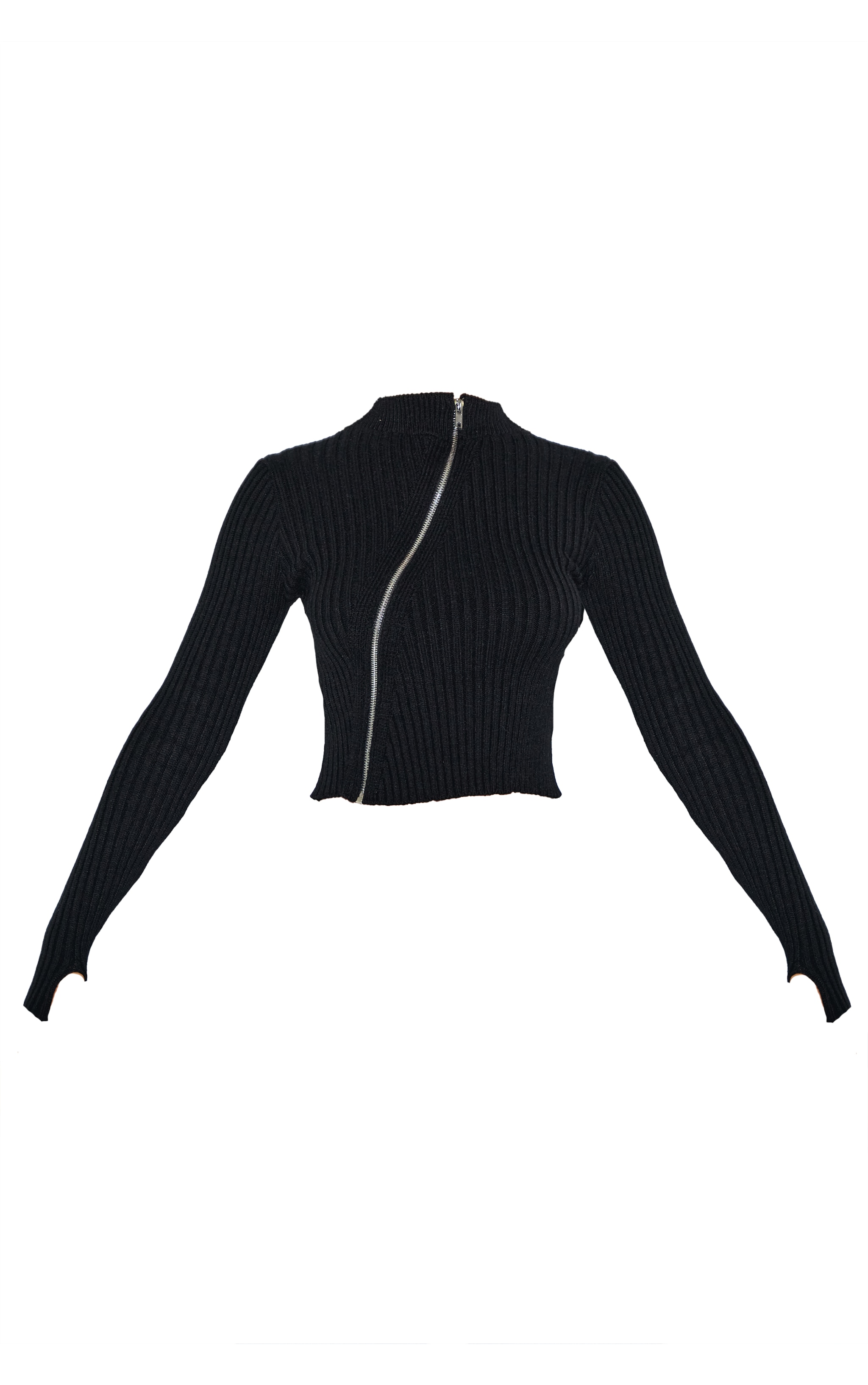 Petite Black Knitted Front Zip Detail Top image 5
