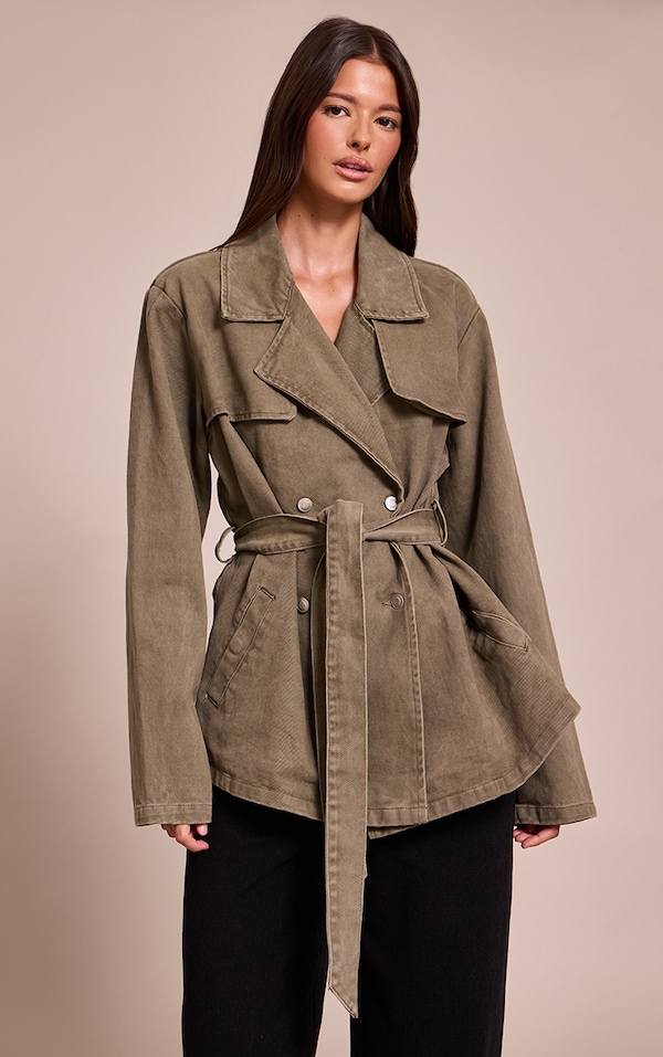Olive Belted Cropped Denim Trench