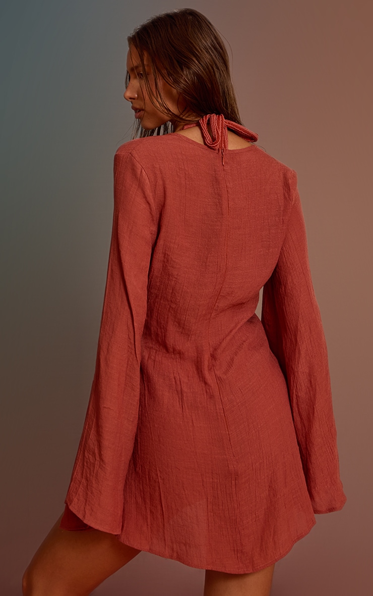 Robe de plage en effet lin rouille à manches flûtes et anneau image 2