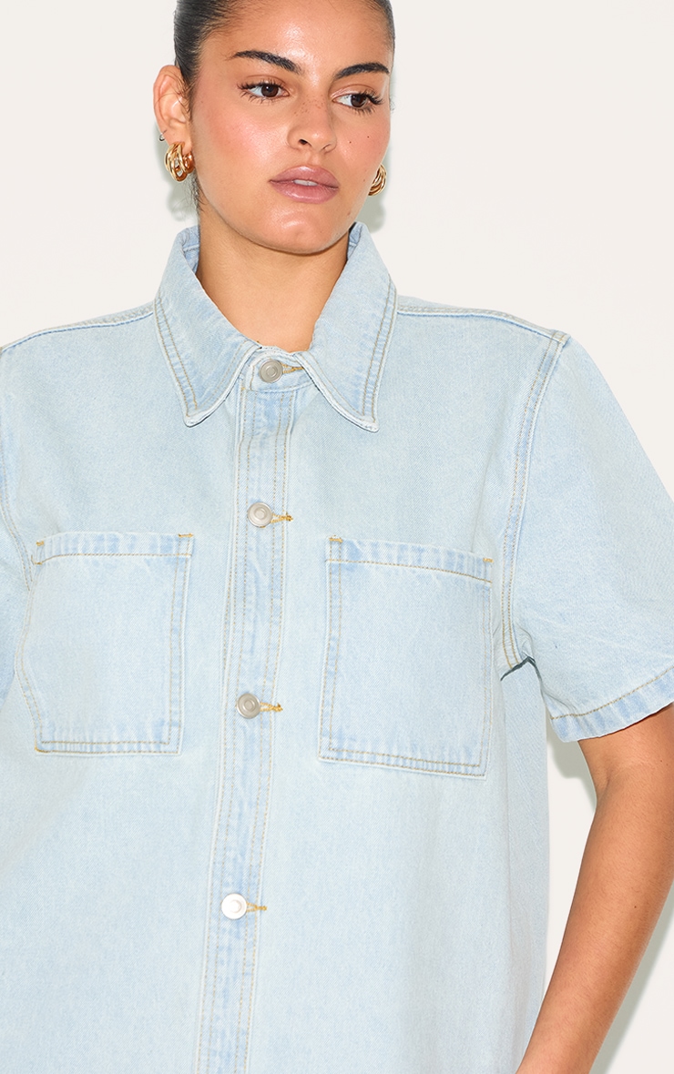 Plus Light Blue Contrast Stitch Denim Shirt Dress image 4