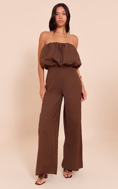 Dark Chocolate Cotton Puffball Bandeau Straight Leg Jumpsuit