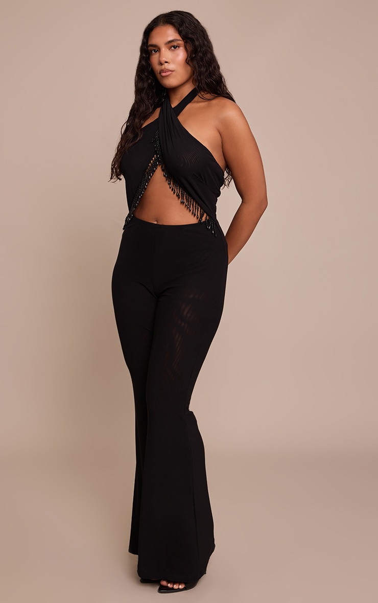 Shape Black Halter Neck Beaded Trim Flared Jumpsuit image 3
