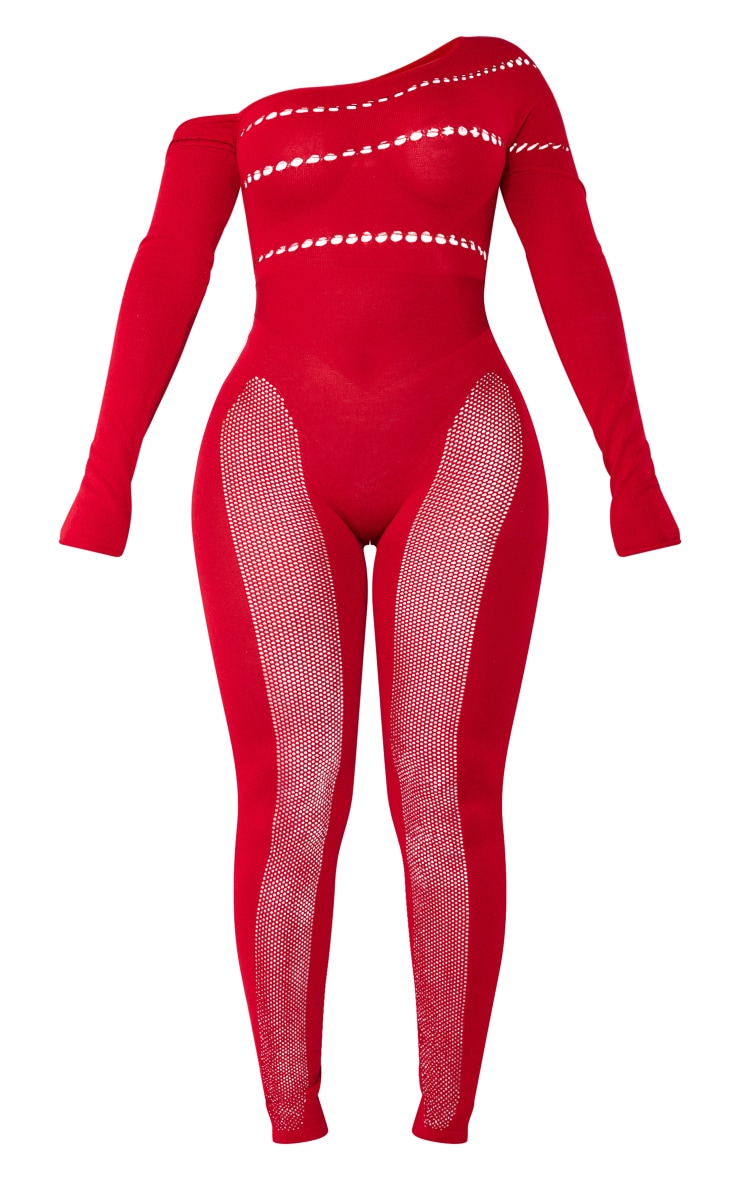 Shape Red Bardot Knitted Hole Detailed Jumpsuit image 5