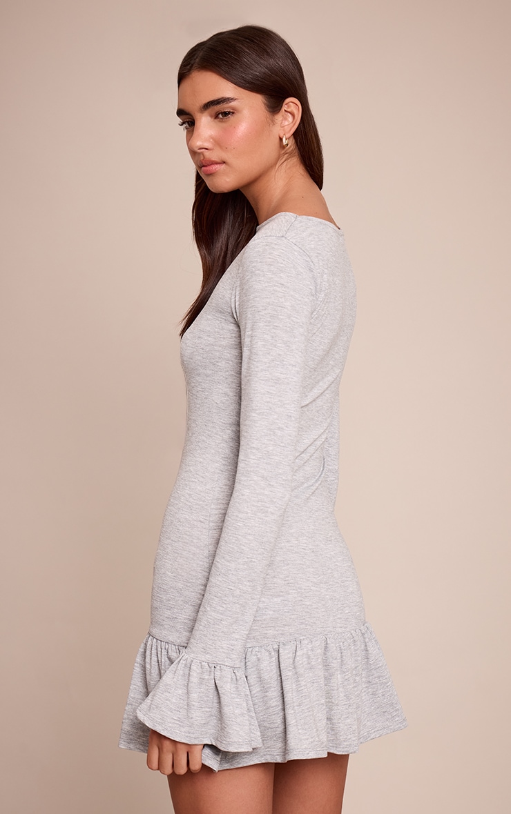 Grey Marl Dropped Frill Hem Long Sleeve Mini Dress image 2