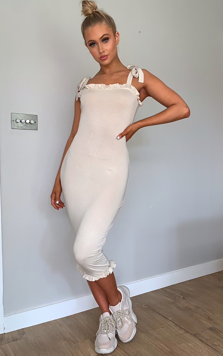 Stone Tie Shoulder Frill Midi Dress