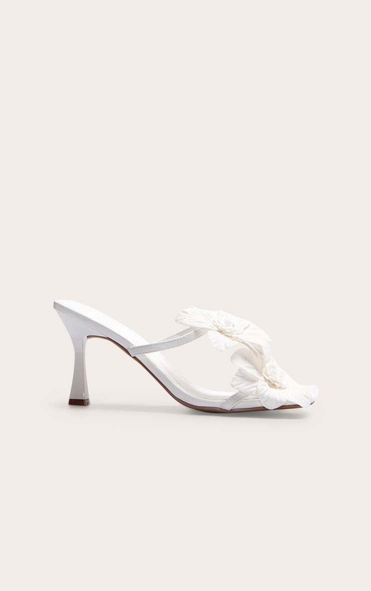 White Pu Square Toe Multi Flower Detail Mid Stiletto Heeled Mules image 1