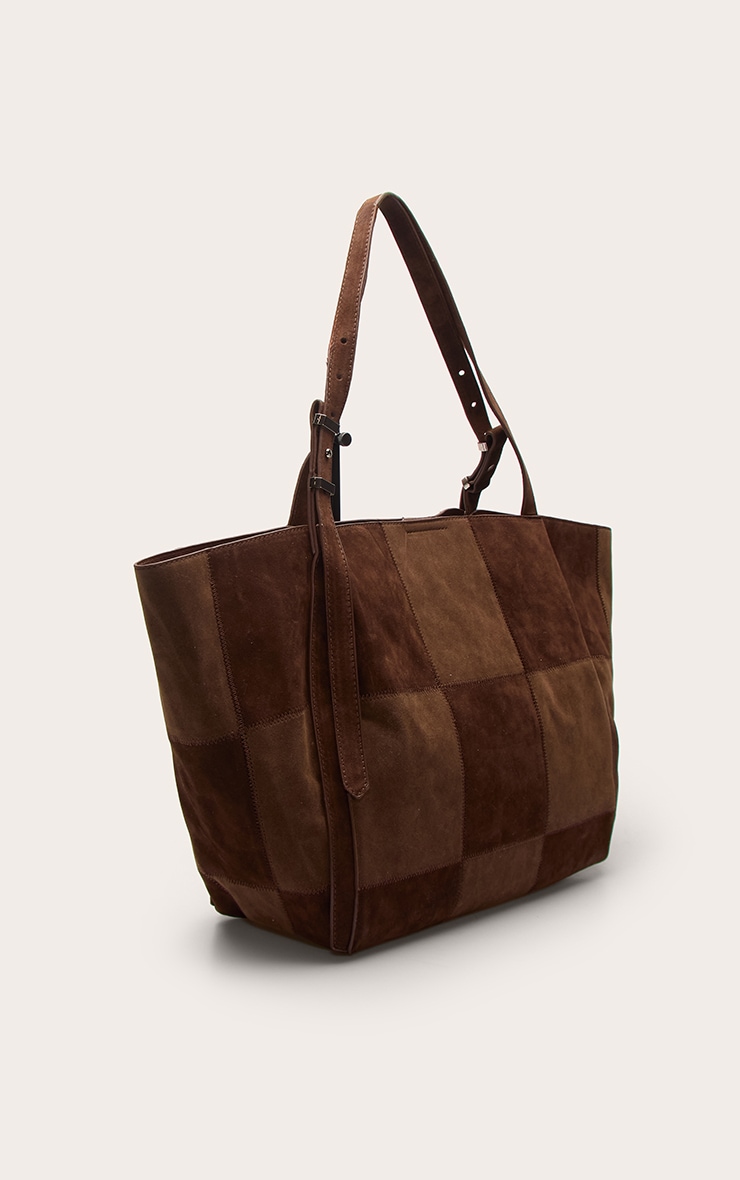 Chocolate Faux Suede Patchwork Adjustable Strap Tote Bag image 2