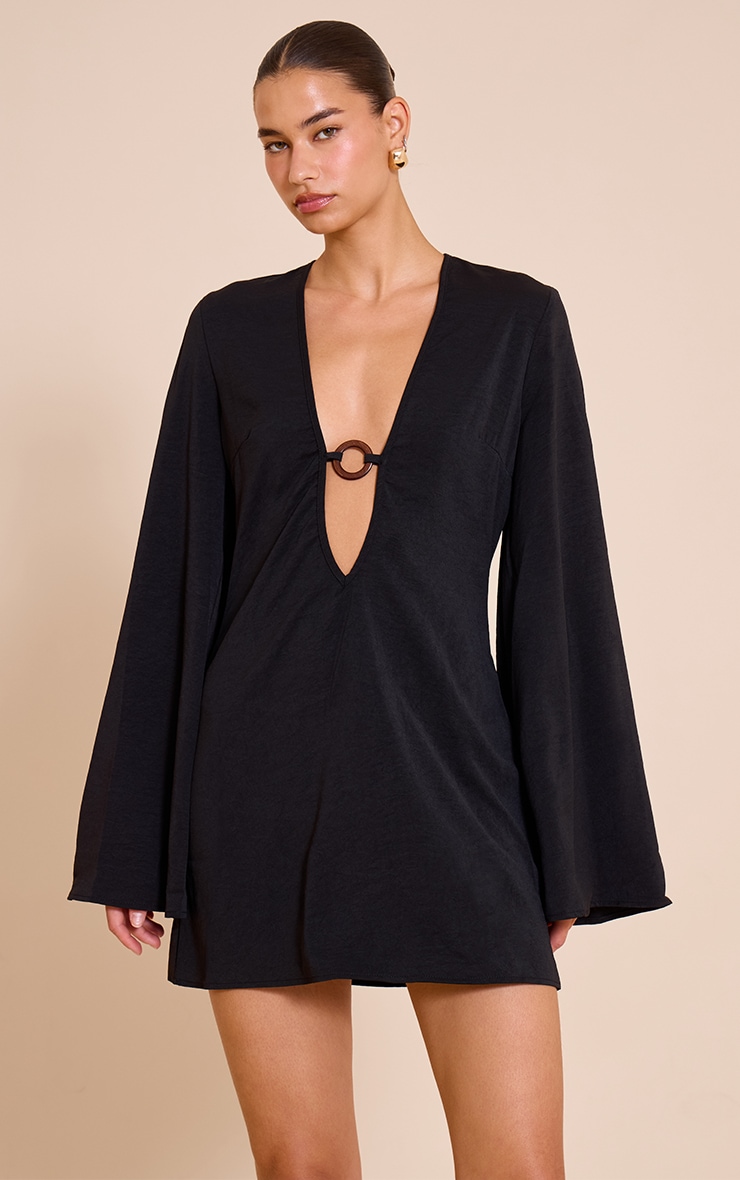 Black Floaty Woven Plunge Ring Detail A Line Mini Dress image 1