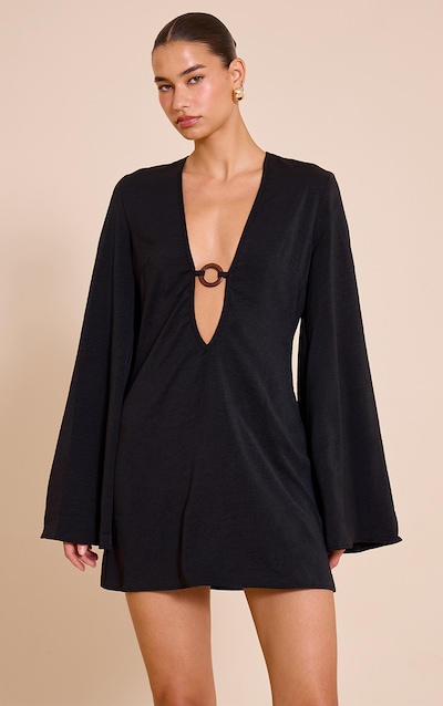 Black Floaty Woven Plunge Ring Detail A Line Mini Dress