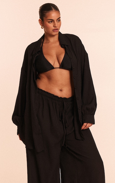 Plus Black Oversized Long Sleeve Beach Shirt