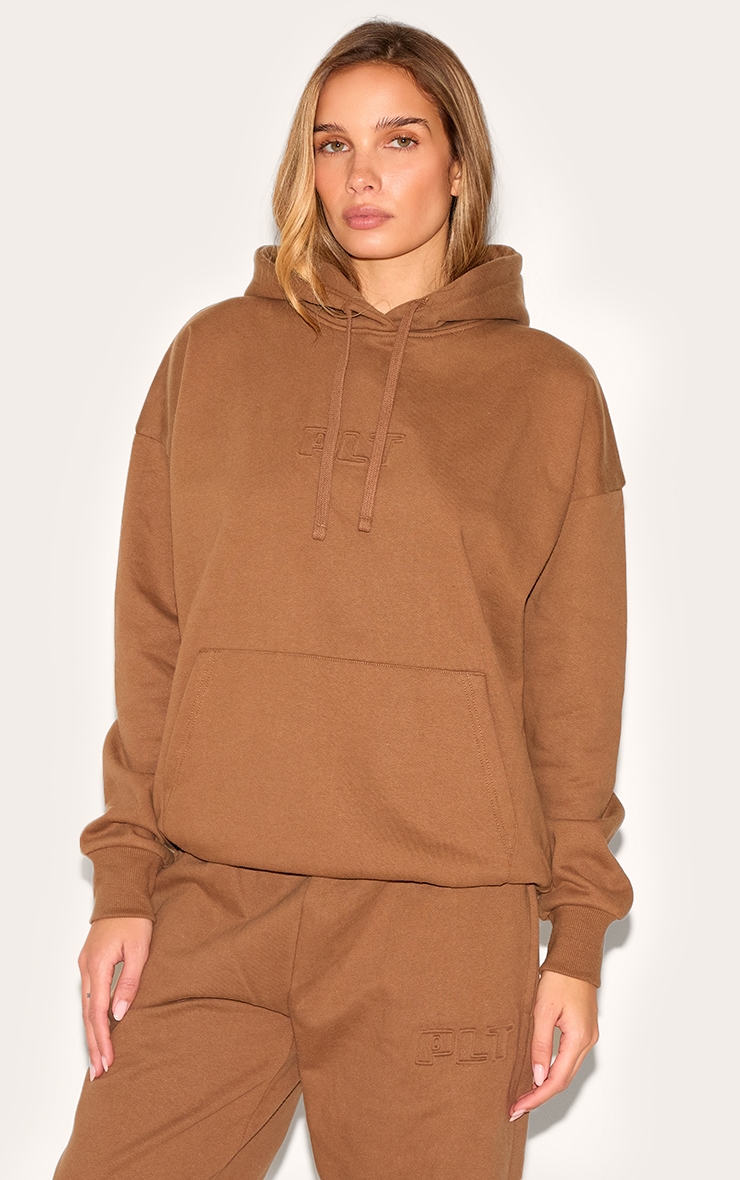 PRETTYLITTLETHING Taupe Premium Embossed Oversized Hoodie image 1