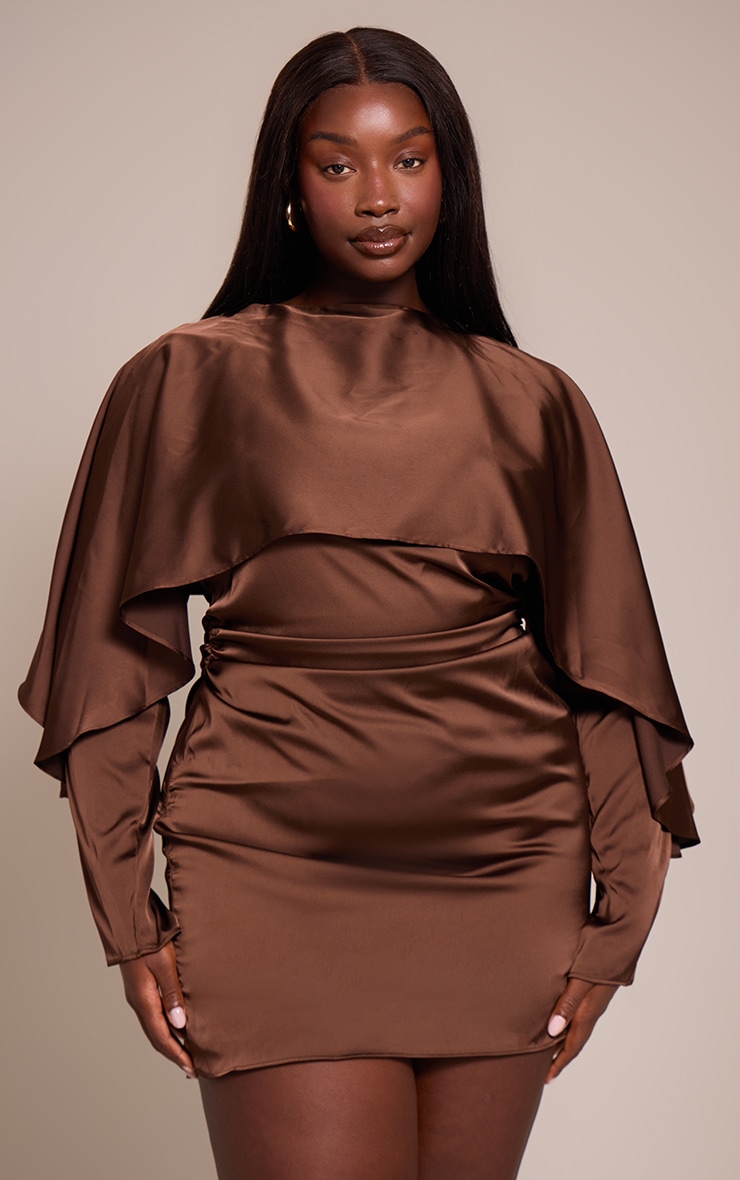 Plus Dark Chocolate Satin Overlay Cape Detail Bodycon Dress image 1