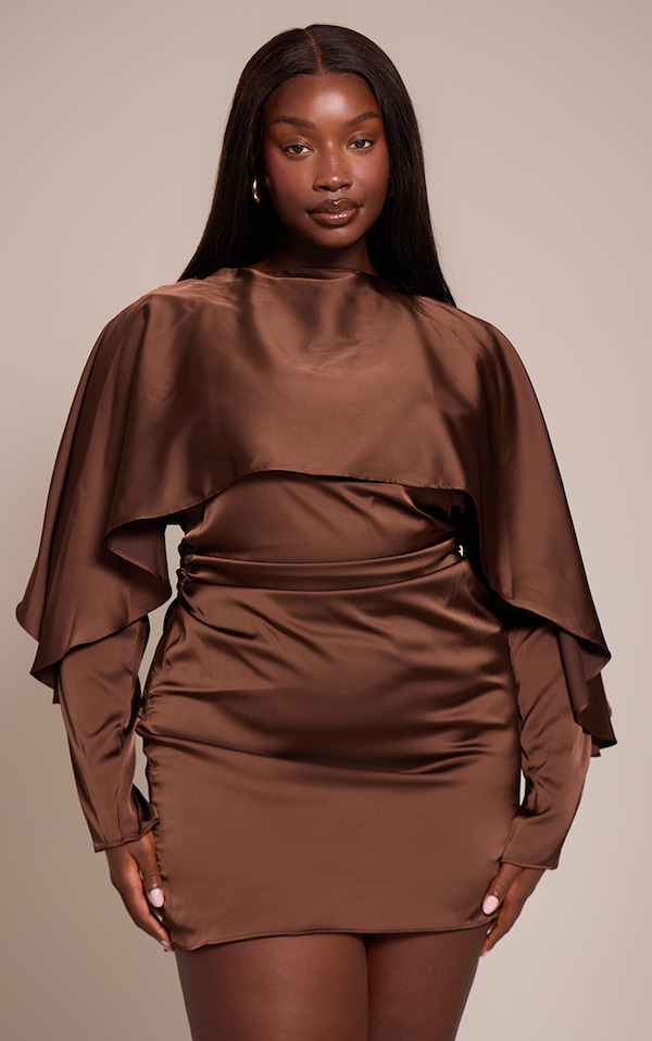 Plus Dark Chocolate Satin Overlay Cape Detail Bodycon Dress