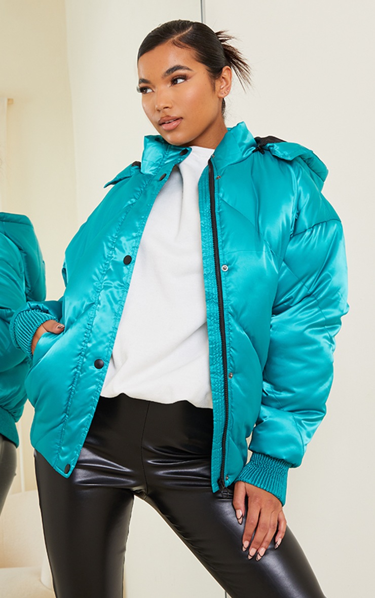 Green Satin Quilted Cuff Hem Puffer Jacket