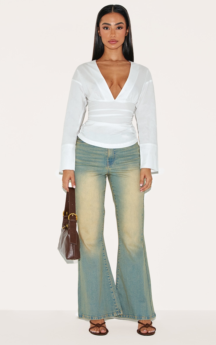 Petite White Fitted Ruched Waist Shirt image 3