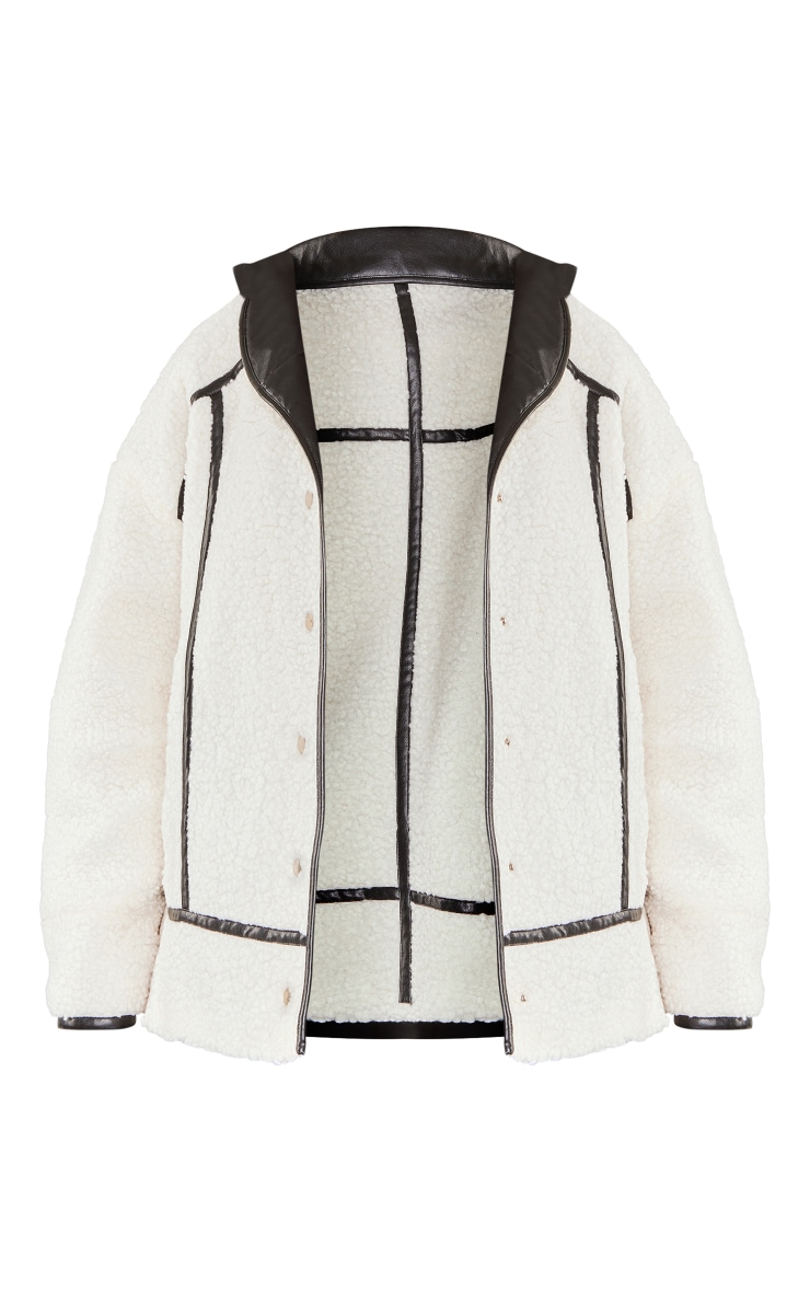 Asos White Borg Aviator Jacket Plus Cream Borg PU Trimmed Aviator