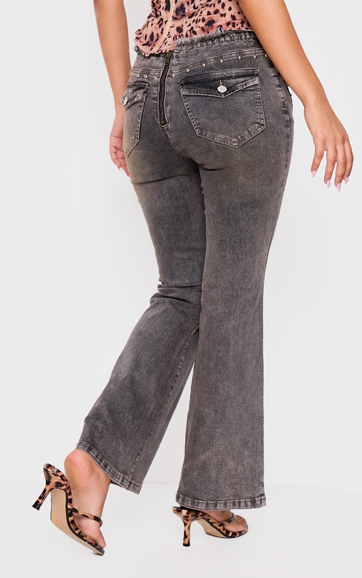 Petite Washed Black Stud Detail Denim Flared Jeans image 3